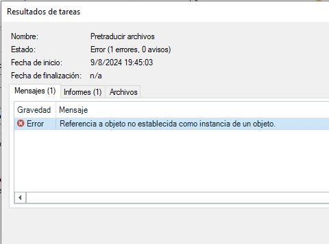 Screenshot of Trados Studio task results showing an error. The error message in Spanish translates to 'Object reference not set to an instance of an object.' No other tasks are listed.