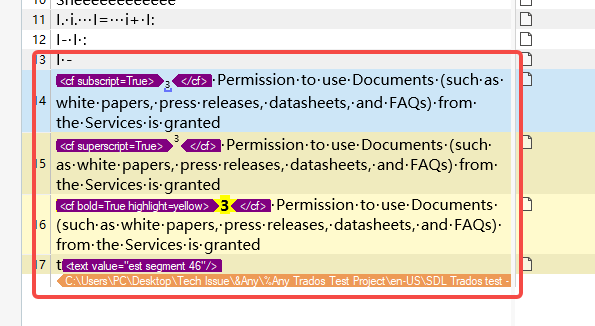 Trados Studio interface displaying a segment with a yellow highlight indicating an unconverted 'test segment' and a file path at the bottom.