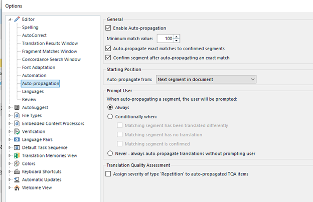 Trados Studio options menu with Auto-propagation settings showing 'Enable Auto-propagation' checked and 'Minimum match value' set to 100%.