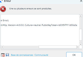 Error dialog box in French with details of a System.Net.Http exception including a public key token.