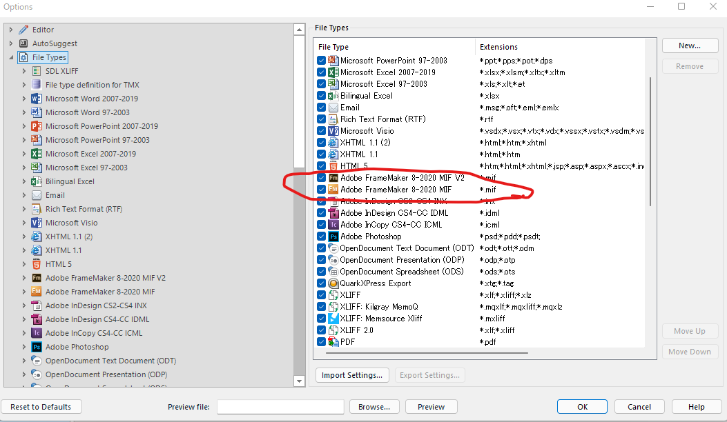 Trados Studio 2021 options window showing file types with Adobe FrameMaker 8-2020 MIF V2 enabled, indicated by a red circle around the checkbox and file extension '*.mif'.