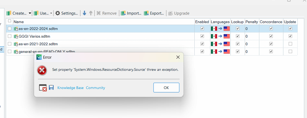 Trados Studio error message window over resource settings, displaying 'Set property 'System.Windows.ResourceDictionary.Source' threw an exception.' with OK button.