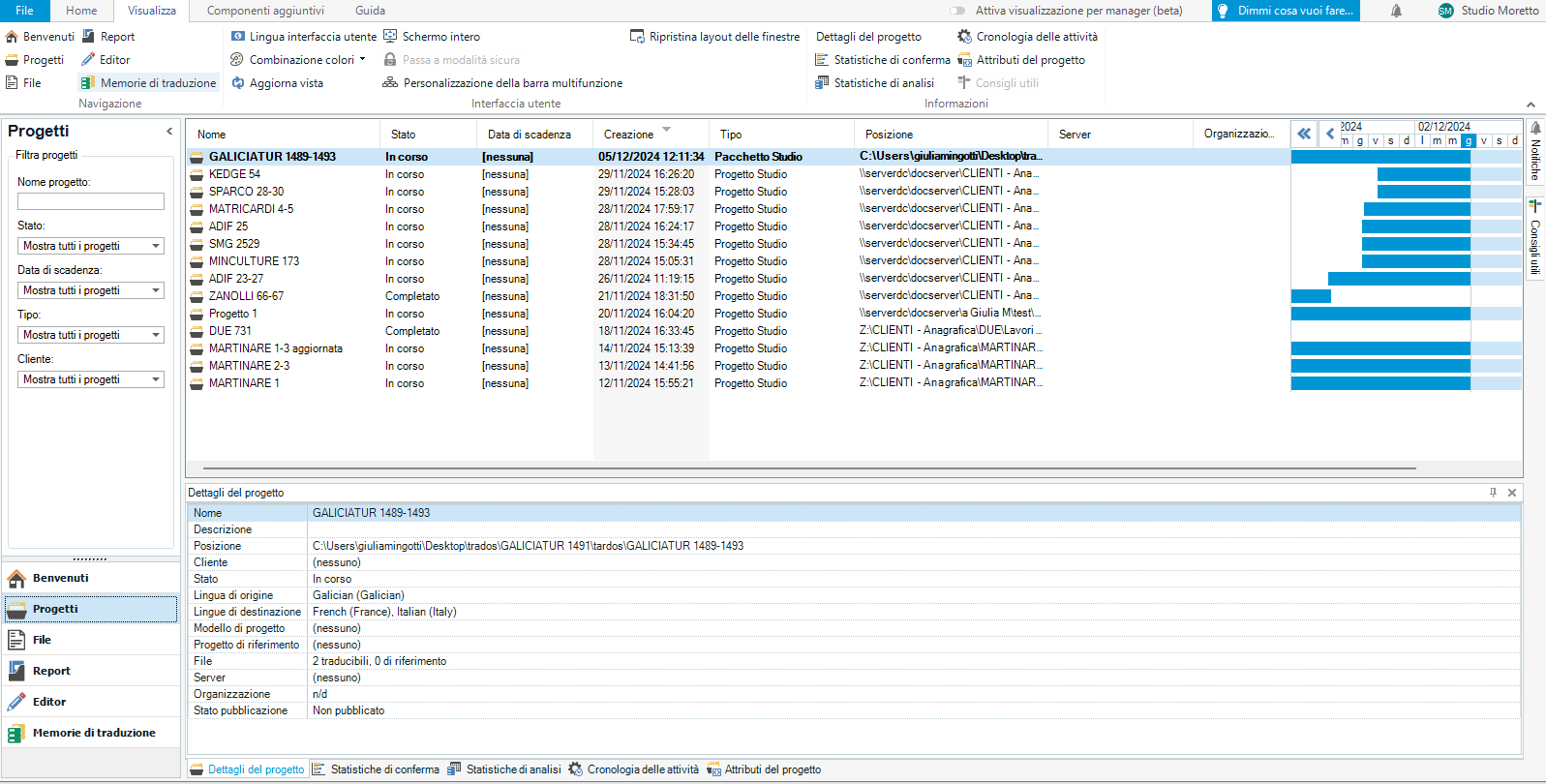 Screenshot of Trados project management software showing a list of projects with details such as name, status, creation date, and type. A project named 'GALICIATUR 1489-1493' is highlighted with its details displayed below, including file paths and project status.