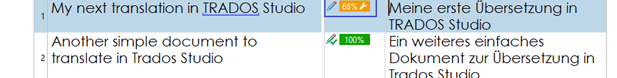 Screenshot of Trados Studio interface showing two segments with translation progress indicators, one at 68% and the other at 100%.