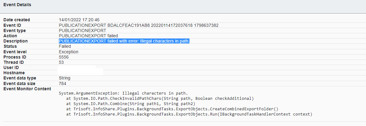 Screenshot of Trados Studio event log showing a PUBLICATIONEXPORT failed error due to illegal characters in path.
