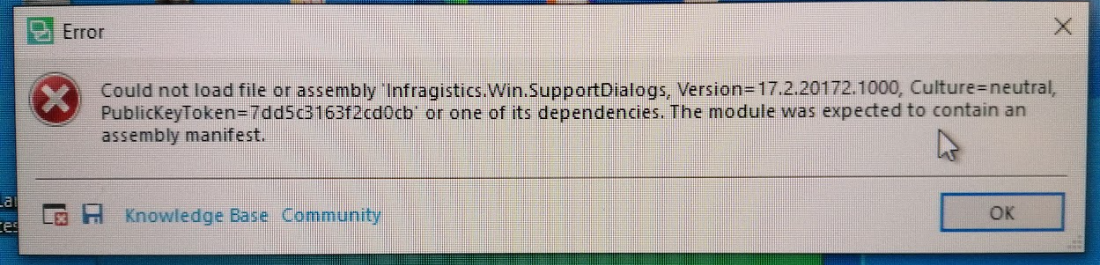 Error message in Trados Studio 2019 stating 'Could not load file or assembly Infragistics.Win.SupportDialogs, Version=17.2.20172.1000, Culture=neutral, PublicKeyToken=7dd5c3163f2cd0cb or one of its dependencies. The module was expected to contain an assembly manifest.' with an OK button.