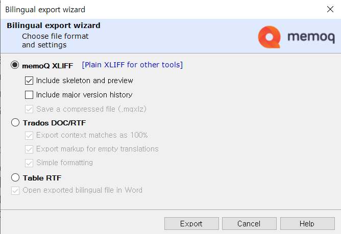 Screenshot of MemoQ Bilingual export wizard with options for memoQ XLIFF, Trados DOCRTF, and Table RTF. The memoQ XLIFF option is selected with additional settings checked.