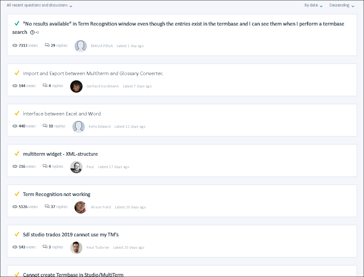 Screenshot of a Trados Studio forum page showing various discussion threads with titles such as 'No results available' in Term Recognition window, Import and Export between MultiTerm and Glossary Converter, and others.