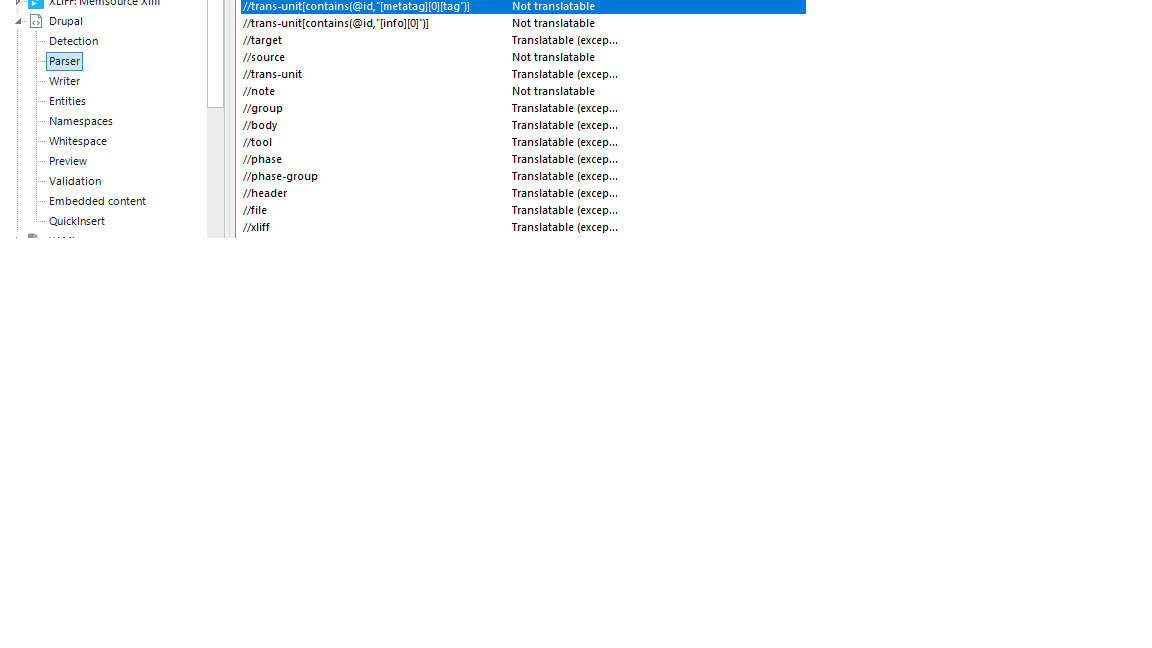 Trados Studio parser settings for XLIFF files showing rules for translatable and non-translatable content.