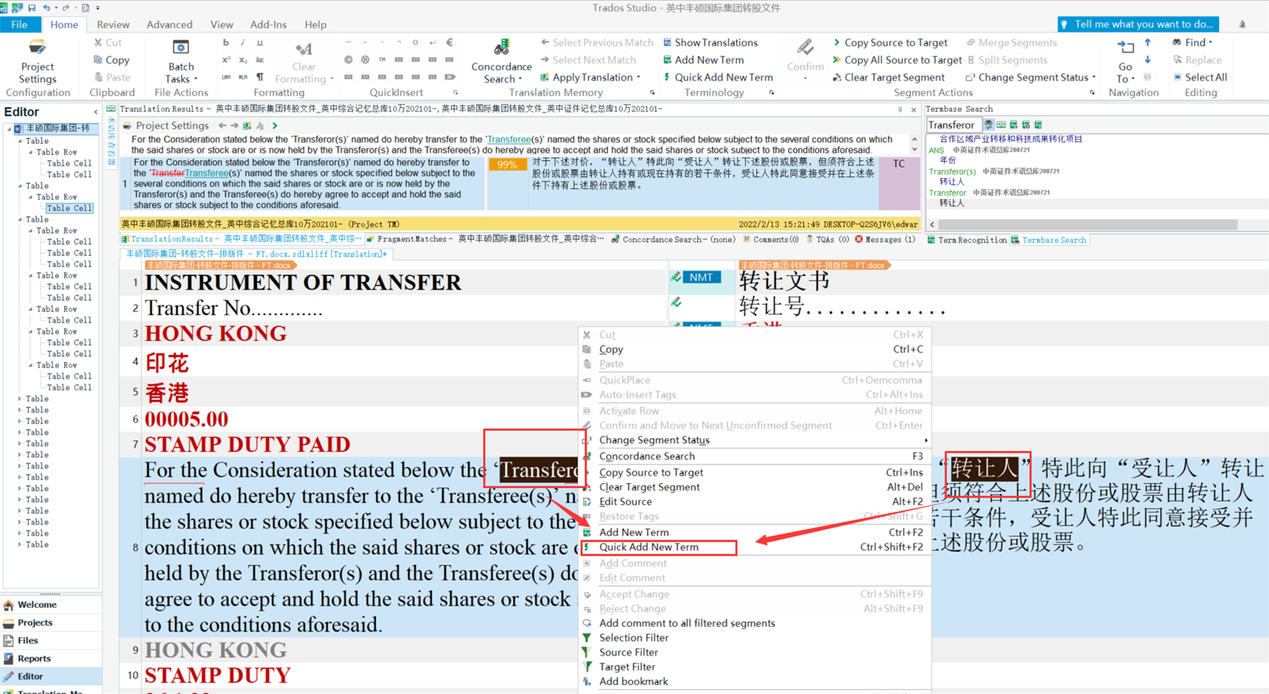 Screenshot of Trados Studio showing the 'Add New Term' option being selected from the right-click menu in the Editor pane.