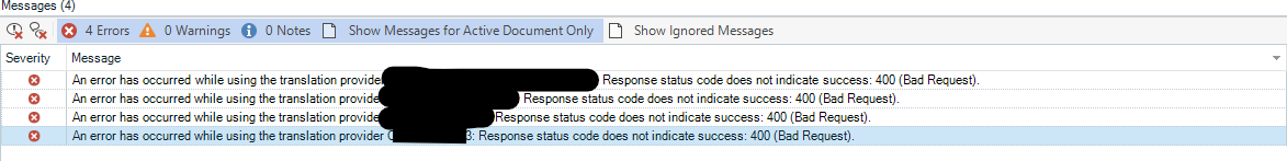 Screenshot of the Messages panel in Trados Studio 2024 showing four errors. Each error states: 'An error has occurred while using the translation provider. Response status code does not indicate success: 400 (Bad Request)'.