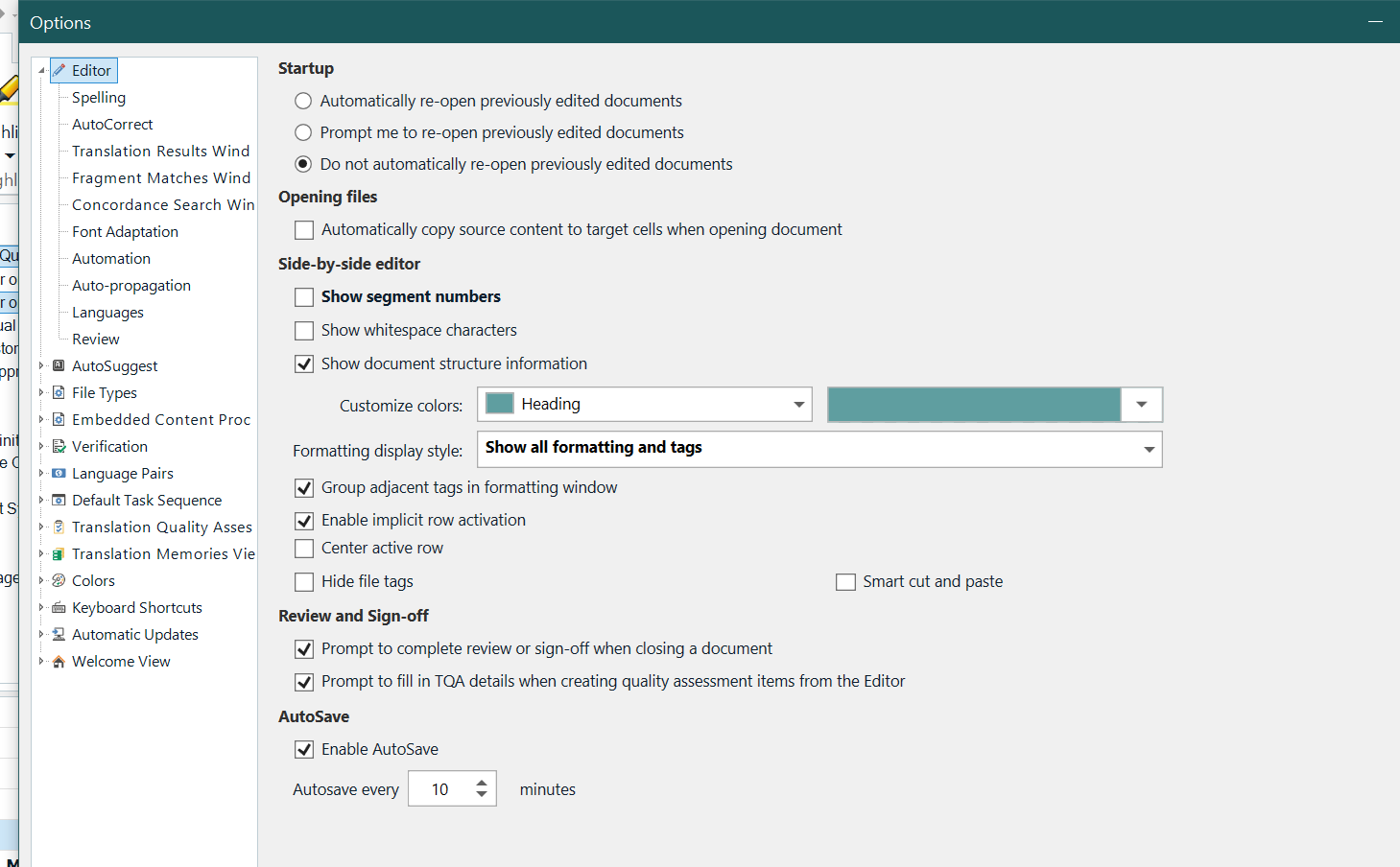Trados Studio Options menu with Editor settings open, showing 'Show segment numbers' checkbox checked under Side-by-side editor section.