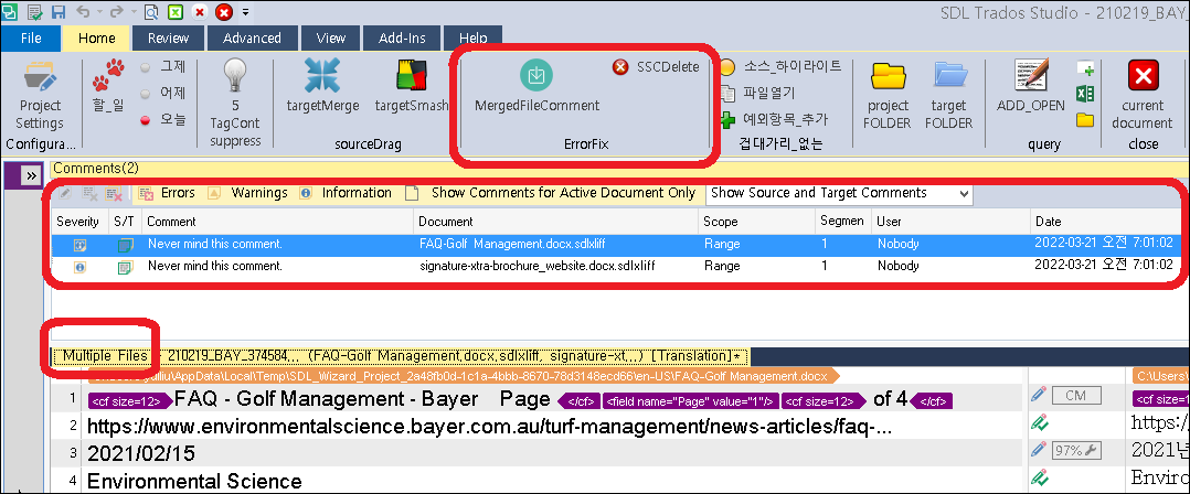 Screenshot of Trados Studio interface showing a 'Comments' tab with two comments listed as 'Never mind this comment.' and a highlighted section labeled 'Multiple Files'.
