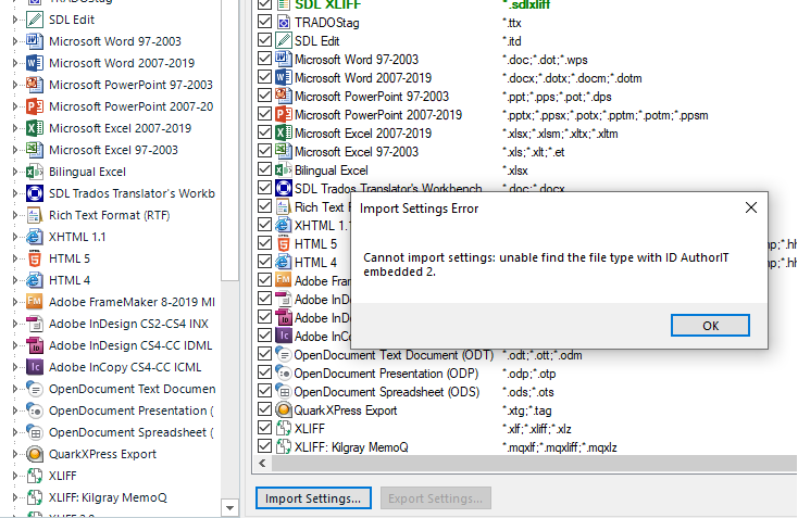 Trados Studio screenshot showing an 'Import Settings Error' dialog box with the message 'Cannot import settings: unable to find the file type with ID AuthorIT embedded 2.'