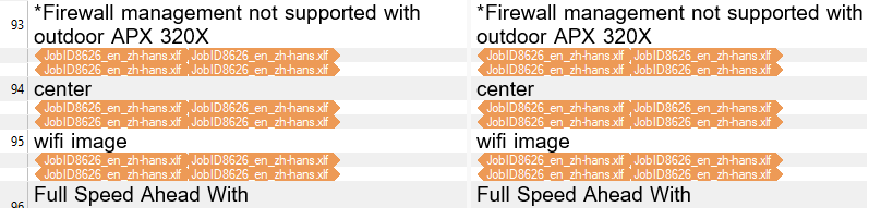 Error message in Trados Studio stating 'Firewall management not supported with outdoor APX 320X' followed by code snippets containing 'center' and 'wifi image'.