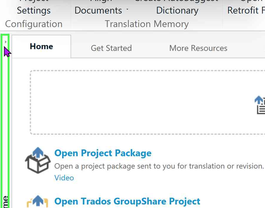 Screenshot of Trados Studio interface showing the navigation pane with a purple arrow cursor pointing to a small arrow icon indicating where to click to expand the pane. The 'Home' tab is highlighted and options like 'Open Project Package' are visible.