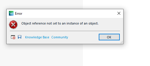 Error dialog box in Trados Studio with message 'Object reference not set to an instance of an object.' with Knowledge Base and Community buttons and an OK button.
