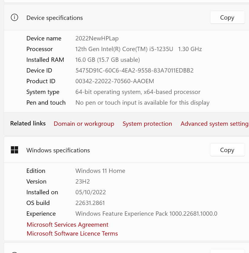 Screenshot of device specifications showing Device name as 2022NewHPLap, Processor as 12th Gen Intel Core i5-1235U, Installed RAM 16.0 GB, and System type as 64-bit operating system.