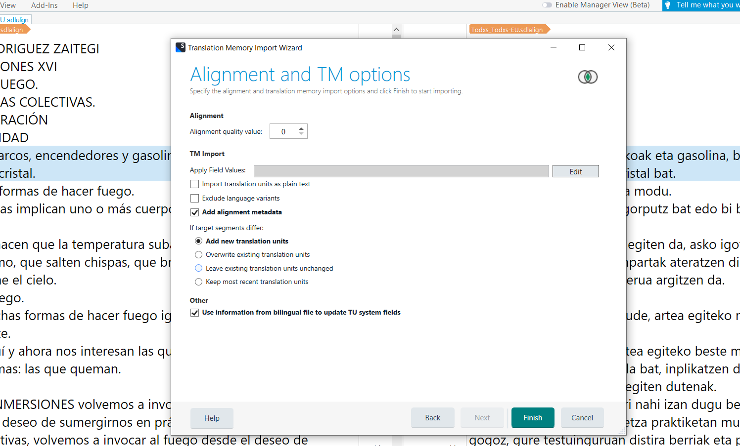 Screenshot of Trados Studio's Translation Memory Import Wizard showing Alignment and TM options with 'Add alignment metadata' checked and 'Use information from bilingual file to update TU system fields' unchecked.