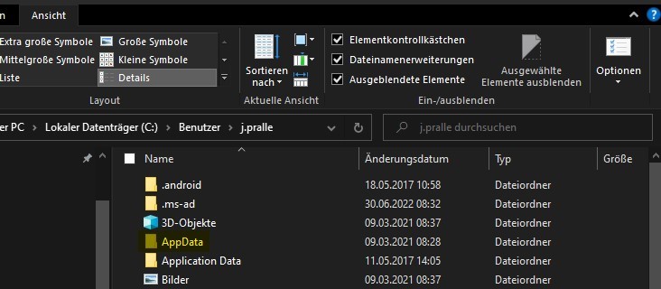 File Explorer window displaying a list of folders including 'AppData' highlighted, indicating it is now visible after changing settings.
