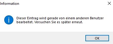 Information dialog box in Trados Studio showing message: This entry is being edited by a different user. Please try again later.