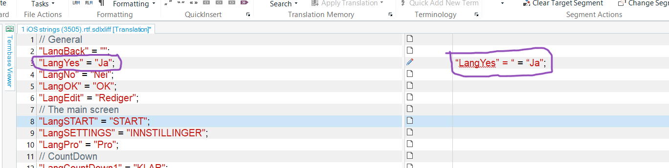 Screenshot of Trados Studio interface showing a list of language strings with a highlighted segment 'LangYes' = 'Ja'; a purple box indicates a possible issue with the segment.