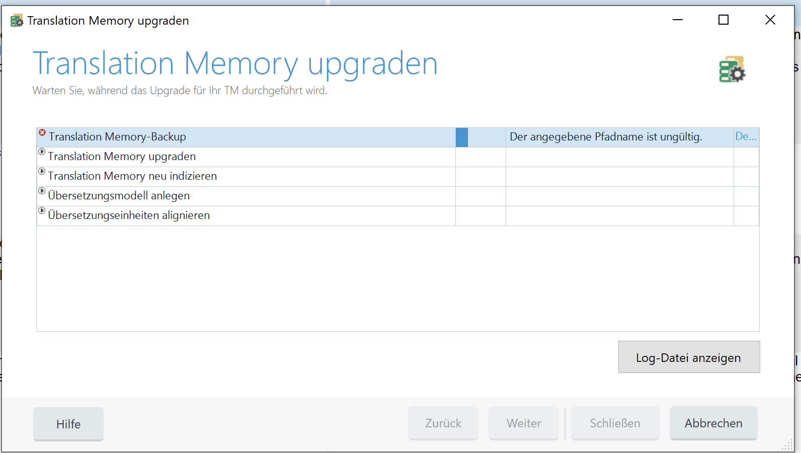 Trados Studio error message stating 'The specified path name is invalid' during Translation Memory upgrade process.