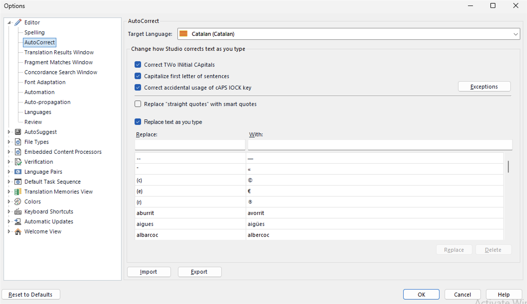 Screenshot of Trados Studio Options dialog showing the AutoCorrect tab. Target Language is set to Catalan. Options for correcting text as you type are visible, with no visible errors or warnings.