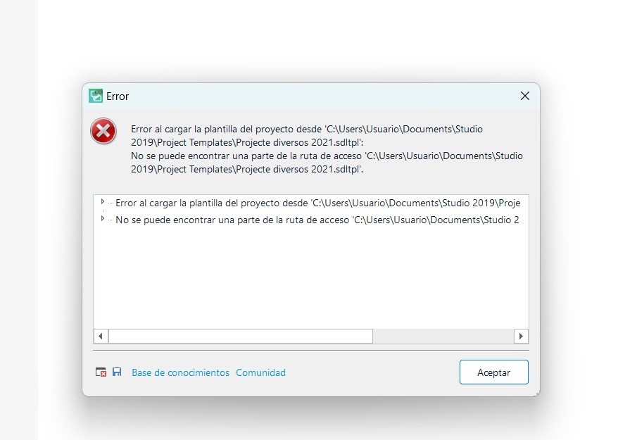 Error message in Trados Studio stating 'Error al cargar la plantilla del proyecto desde' followed by a file path, and 'No se puede encontrar una parte de la ruta de acceso' with a file path.