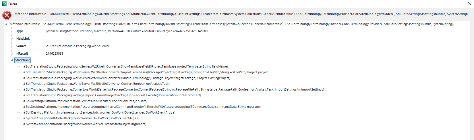 Error window in Trados Studio showing a missing method exception related to Sdl.MultiTerm.Client.Terminology.UI.HitListSettings. Includes stack trace details and error source information.