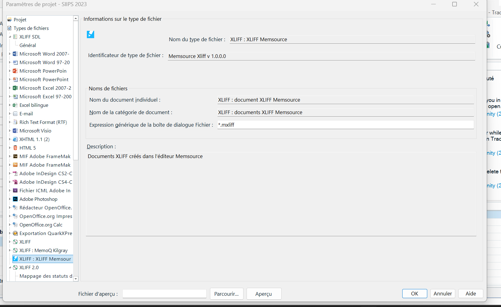 Duplicate of the first screenshot, Trados Studio project settings window with XLIFF SDL file type information visible.