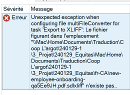 Error message in Trados Studio's Xliff Manager stating 'Unexpected exception when configuring file multiFileConverter for task Export to XLIFF: The file found in the target folder does not exist.'