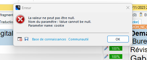 Error message in Trados Studio stating 'Value cannot be null. Parameter name: cookie' with an OK button.