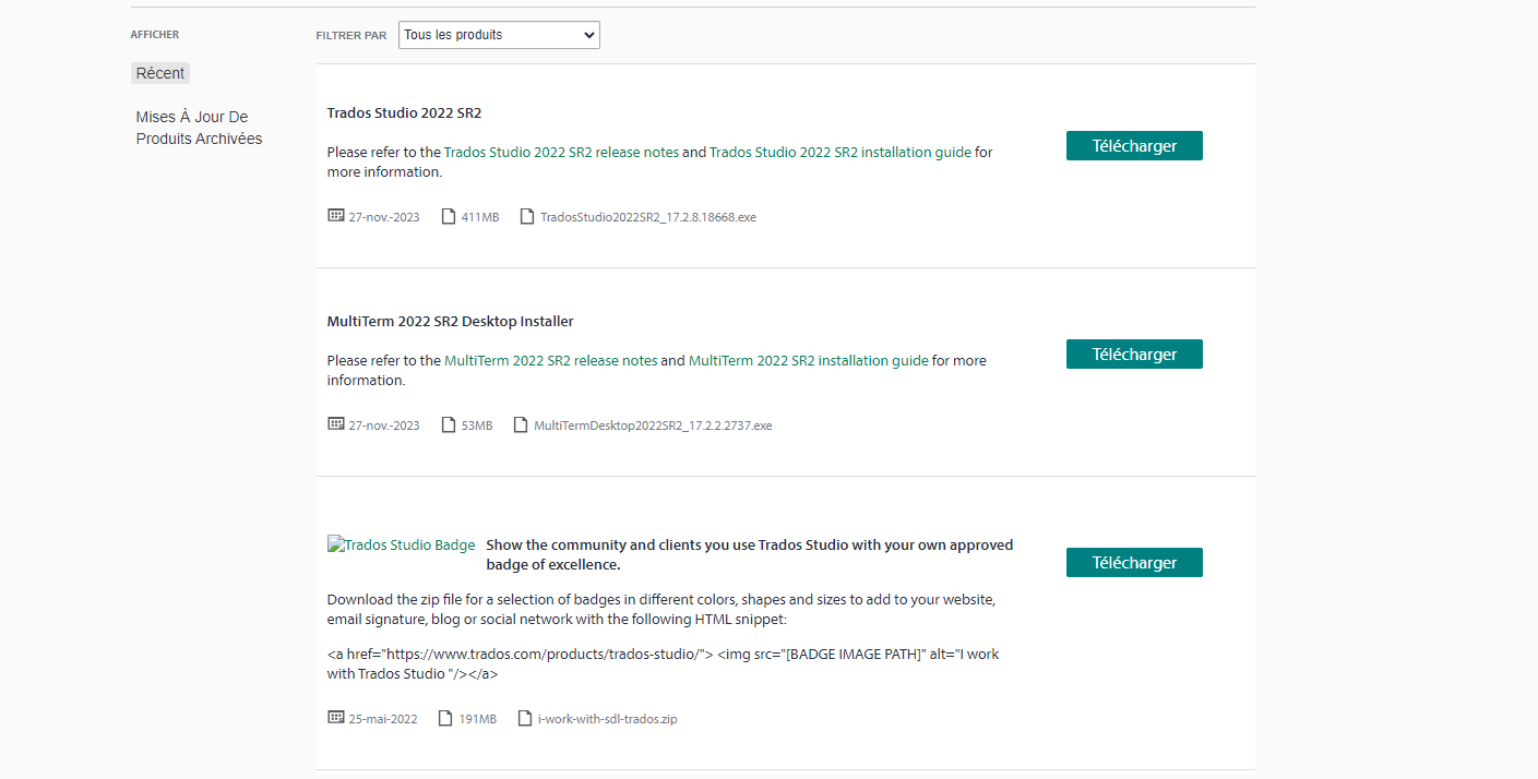 Screenshot of Trados Studio download page, showing available updates for Trados Studio 2022 SR2 and MultiTerm 2022 SR2 with download buttons.