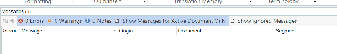 Messages panel in Trados Studio showing 0 Errors, 0 Warnings, and 0 Notes with no visible issues listed in the table below.