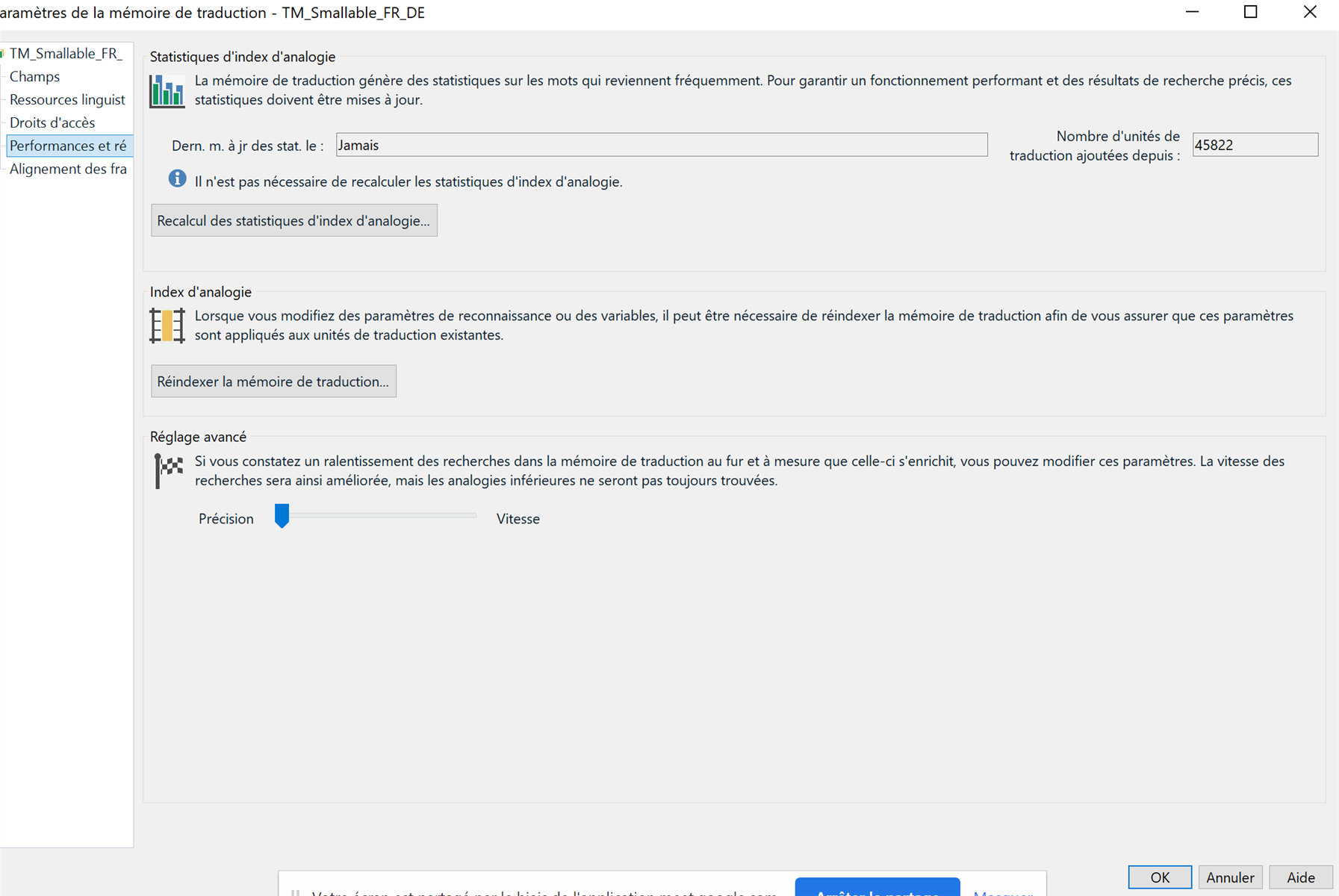 Trados Studio screenshot showing Translation Memory settings with sections for Analogy Index Statistics, Analogy Index, and Advanced Settings. No visible errors or warnings.