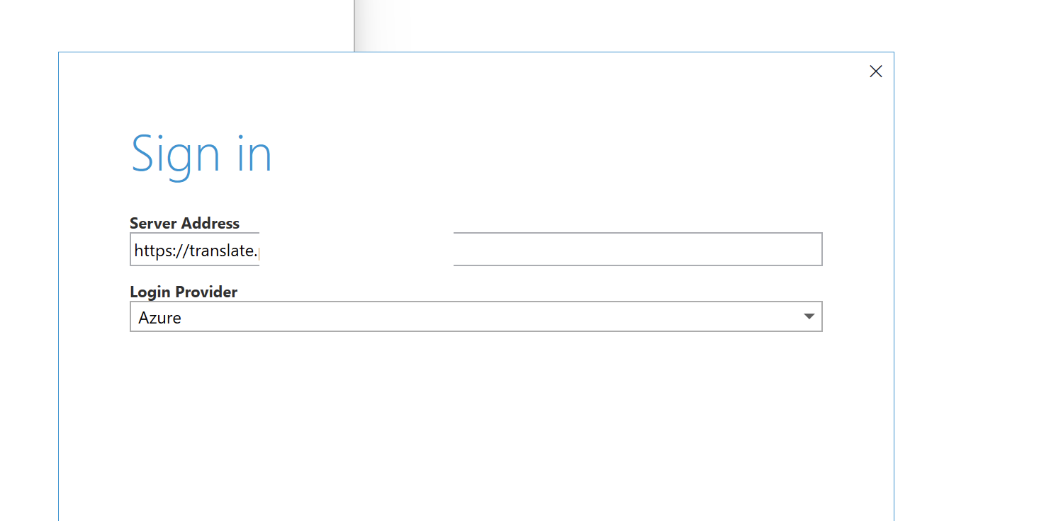 Screenshot of a 'Sign in' dialog box with fields for 'Server Address' and 'Login Provider', with 'Azure' selected as the provider.
