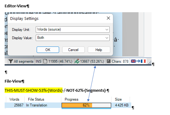 Trados Studio Editor view with Display Settings dialog box open, showing 'Words (source)' selected and progress percentages for segments and characters.