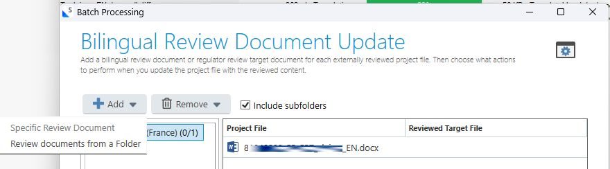 Screenshot of Trados Studio's Batch Processing window for Bilingual Review Document Update with the Add button greyed out, indicating it is not selectable.