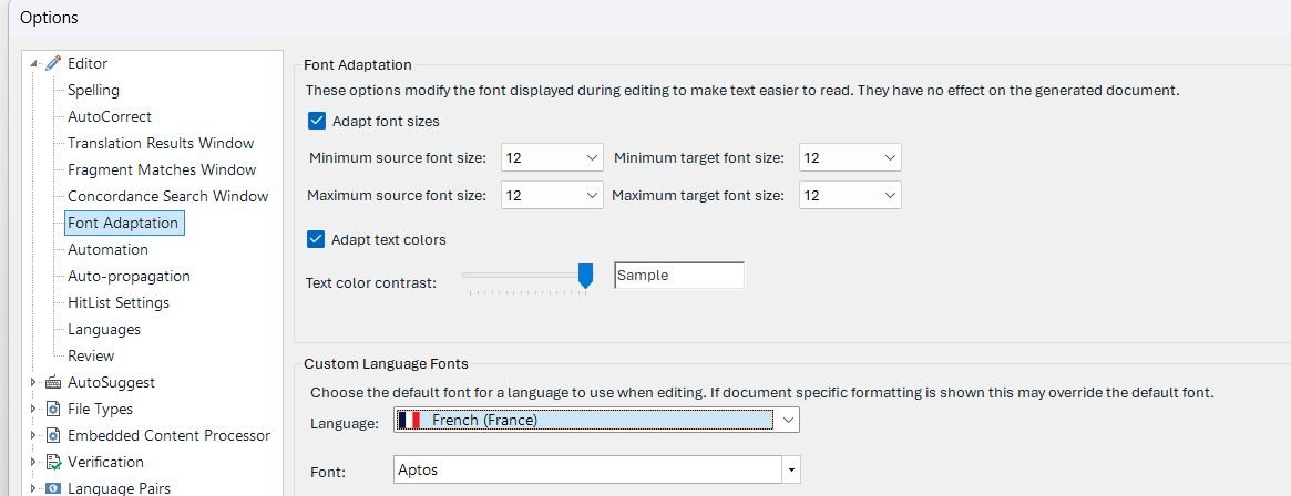 Trados Studio options menu showing Font Adaptation settings with font size and text color contrast options. Language set to French (France) with font Aptos selected.