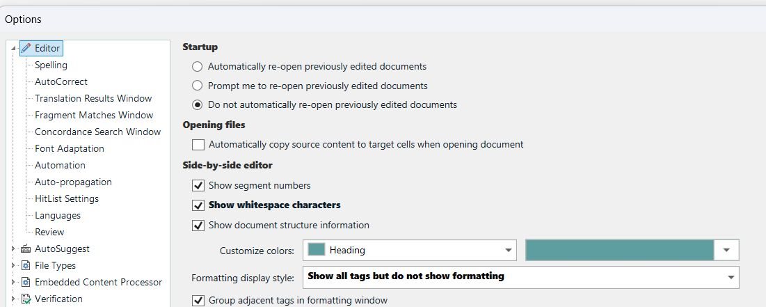 Trados Studio options menu under Editor settings. Startup, side-by-side editor, and formatting display style options are visible, with 'Show whitespace characters' checked.