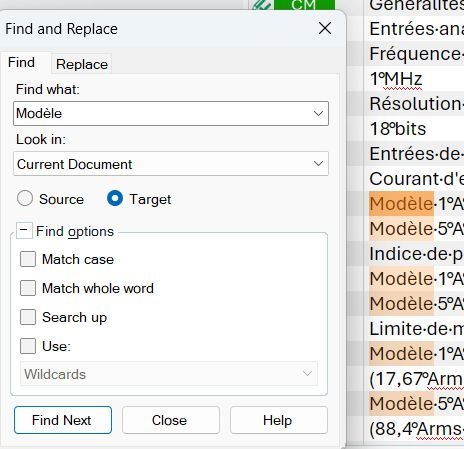 Screenshot of the Find and Replace dialog in Trados Studio with the word 'Modele' entered in the 'Find what' field. The right panel shows highlighted occurrences of 'Modele' in the document.