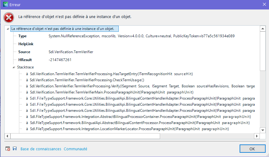 Error message in Trados Studio stating 'The object reference is not defined to an instance of an object' with details including System.NullReferenceException and stack trace information.