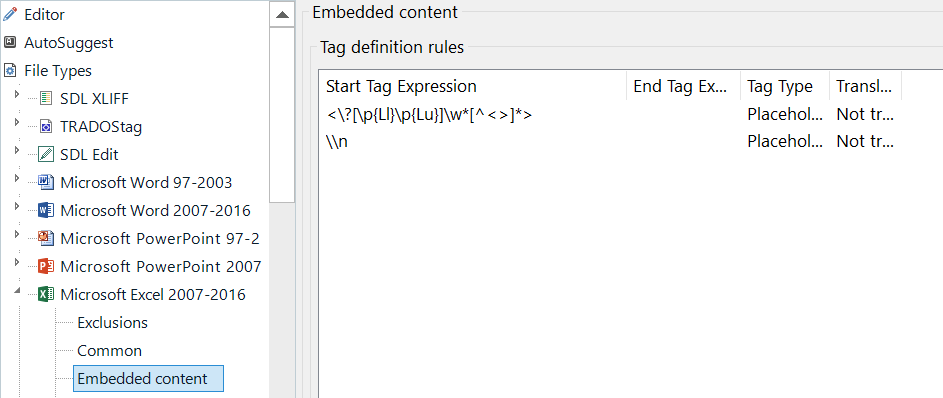 Screenshot of Trados Studio Tag Definition Rules with two configured rules for start and end tag expressions.