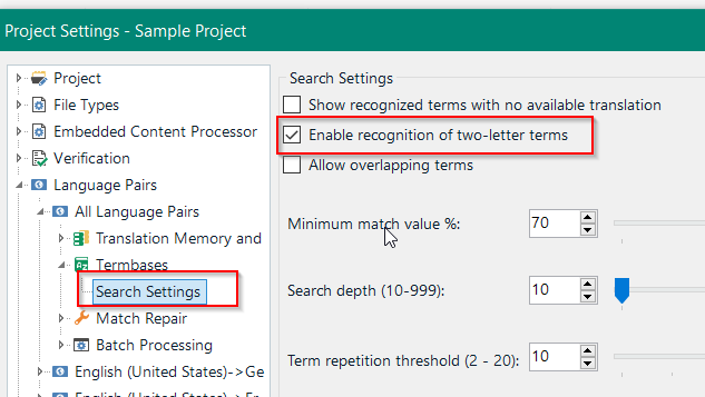 Trados Studio Project Settings showing 'Search Settings' under 'Termbases' with 'Enable recognition of two-letter terms' checked.