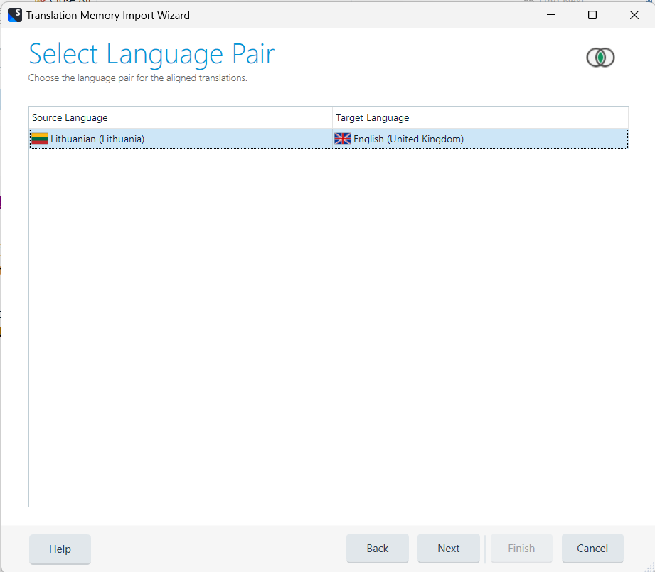 Trados Studio Translation Memory Import Wizard window showing the 'Select Language Pair' step with Source Language set to Lithuanian and Target Language set to English.