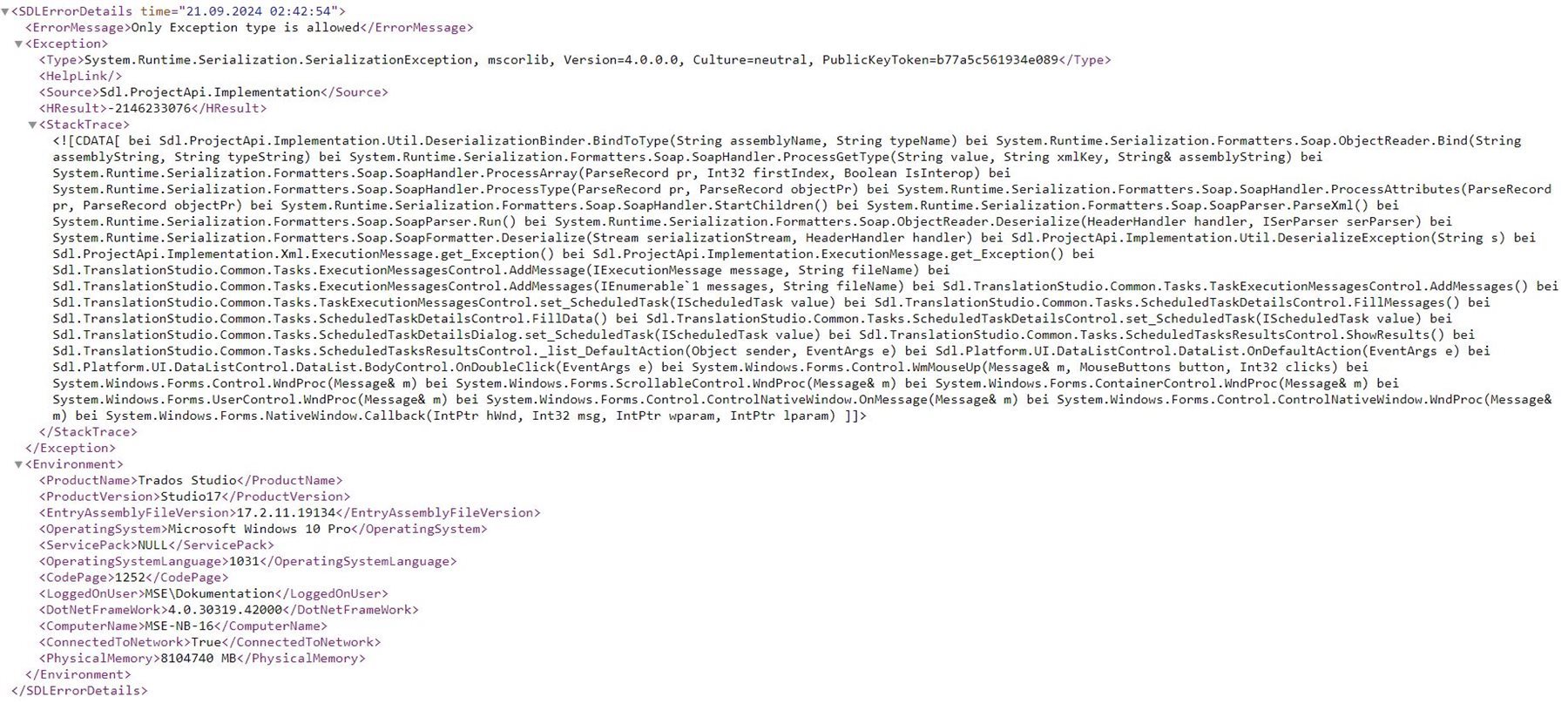 Error log text from Trados Studio showing 'Only Exception type is allowed' with a detailed stack trace and environment information.