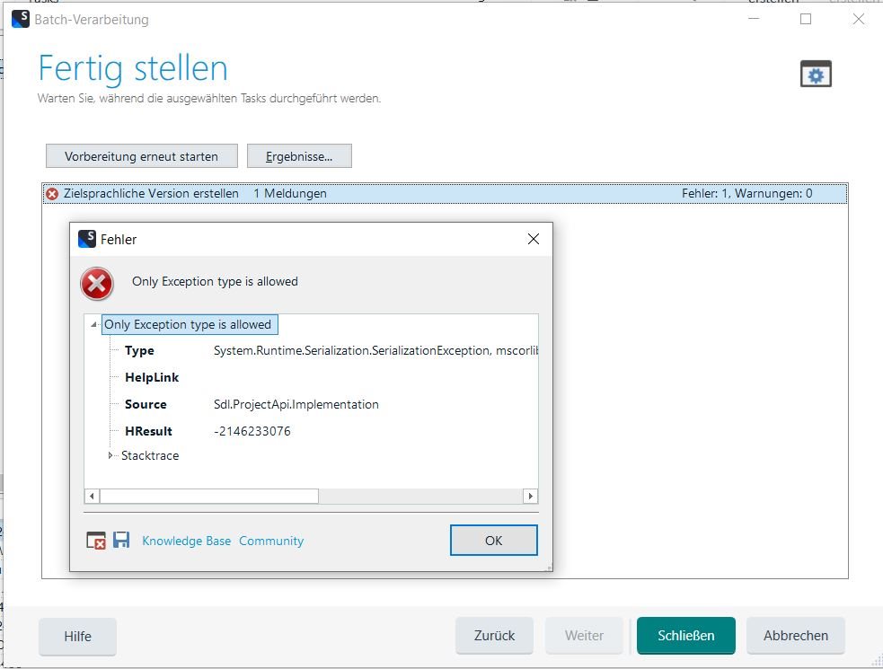Trados Studio error dialog box with the message 'Only Exception type is allowed' and details including exception type, help link, source, and HRESULT.