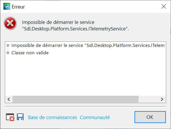 Error window with message in French: 'Impossible de d marrer le service Sdl.Desktop.Platform.Services.ITelemetryService. Classe non valide.' Includes OK button and links to knowledge base and community.