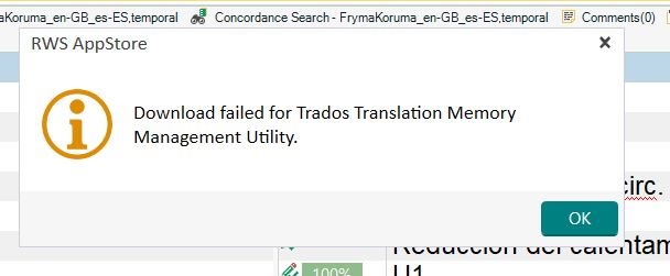 Error message in RWS AppStore stating 'Download failed for Trados Translation Memory Management Utility' with an 'OK' button.